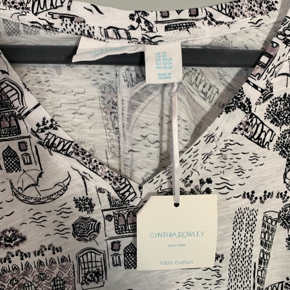 NEW Cynthia Rowley Women's 3X Short Sleeve T Shirt White Black Venice Scene - Picture 7 of 10